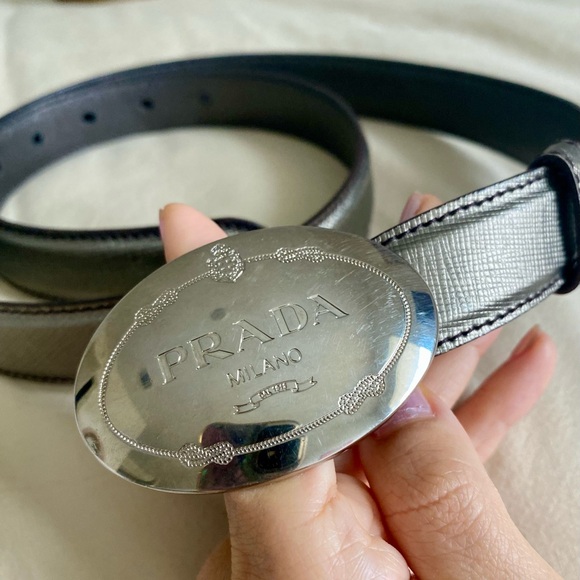 Prada Saffiano Engraved Logo Metallic Dark Silver Belt - Picture 5 of 13